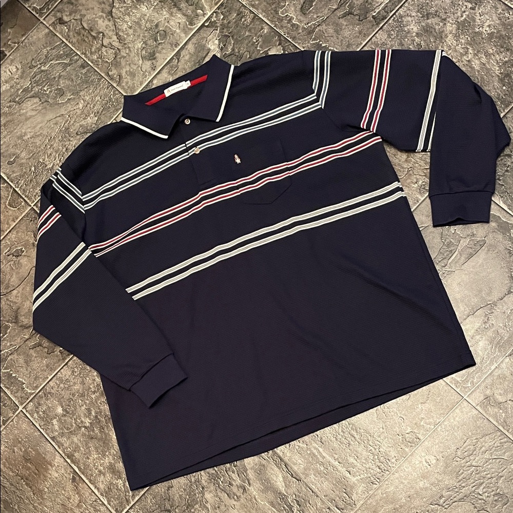 HUSH PUPPIES Polo Shirt Navy Red White Striped Preppy Embroidered Logo Office